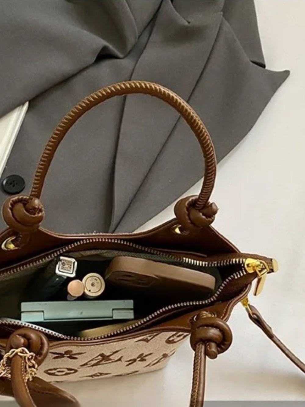Designer Beige and Black Monogram Canvas Crossbody Bag - Picture 8 of 13